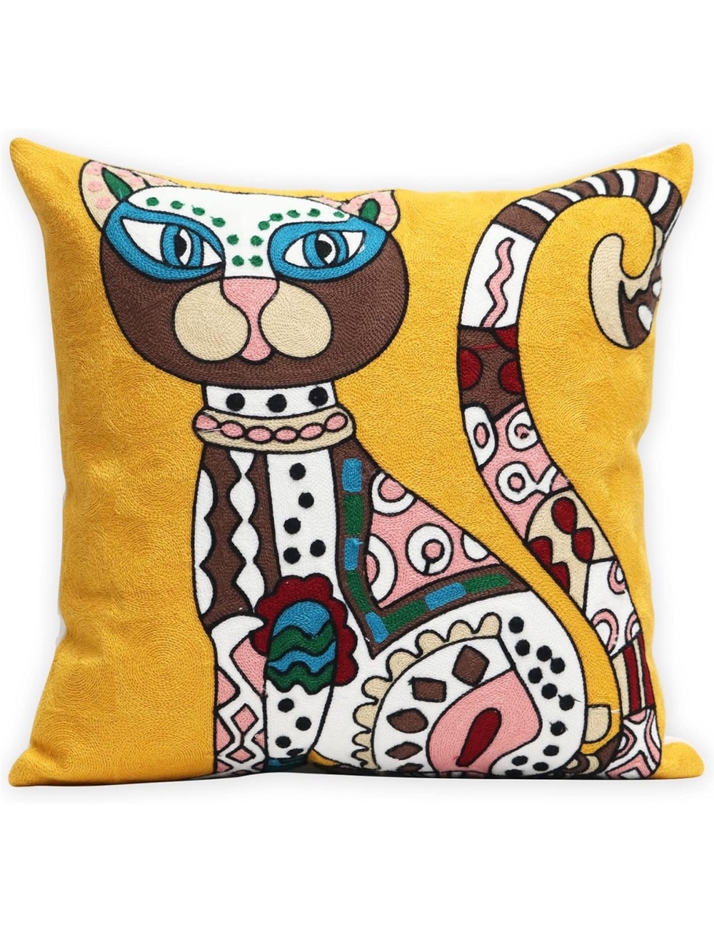 Egyptian Cat Mom Funky Hand Woven 18x18 Cat Pillow cover Yellow gift
